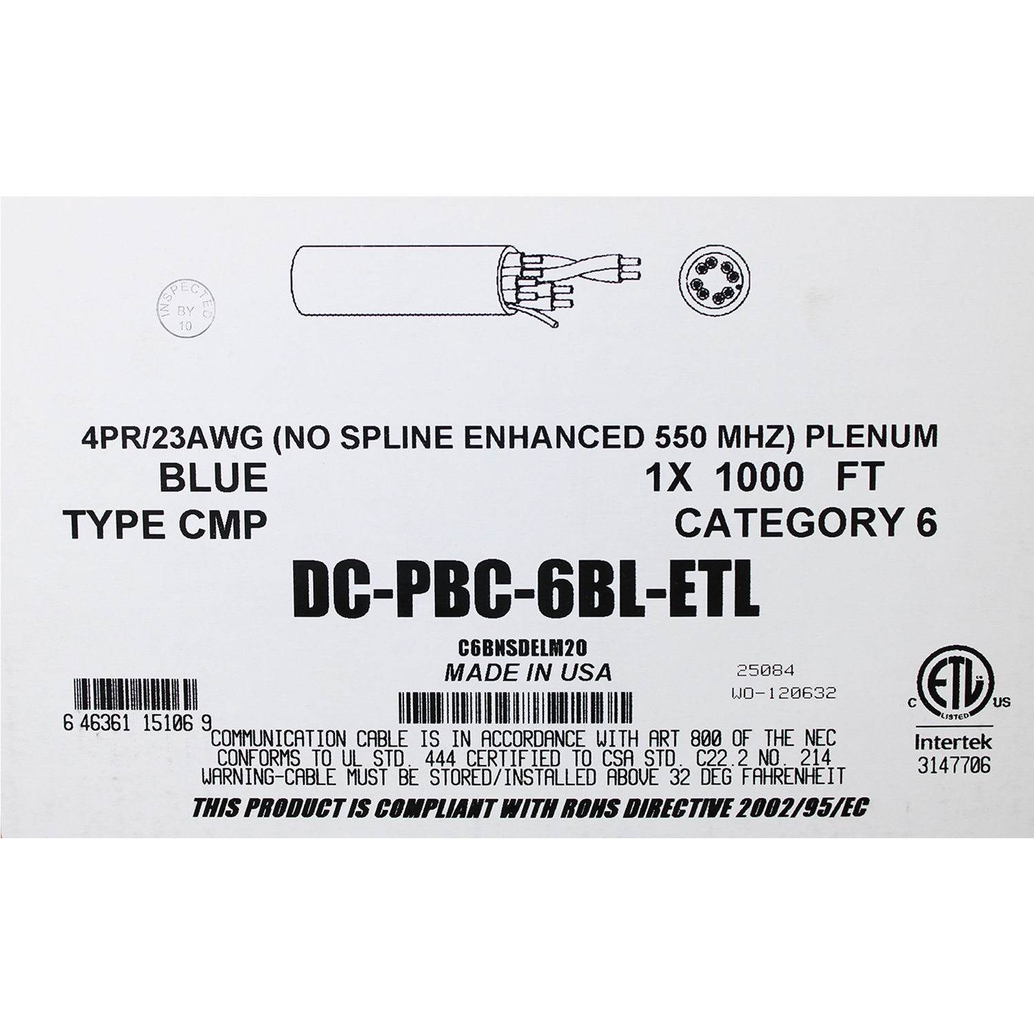 Utp Cable Label US MADE ETL LISTED CAT6 PLENUM UTP 100% SOLID BARE COPPER ETHERNET CAB ...