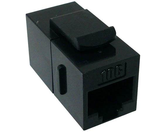 CAT6A RJ45 INLINE COUPLER, UNSHIELDED, SLIM SNAP-IN W/KEYSTONE LATCH, BLACK - Delco Cables