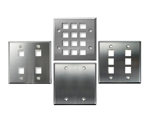 STAINLESS STEEL KEYSTONE WALL PLATE, DOUBLE-GANG – BLANK, 4 PORT, 6 PORT, 12 PORT - Delco Cables