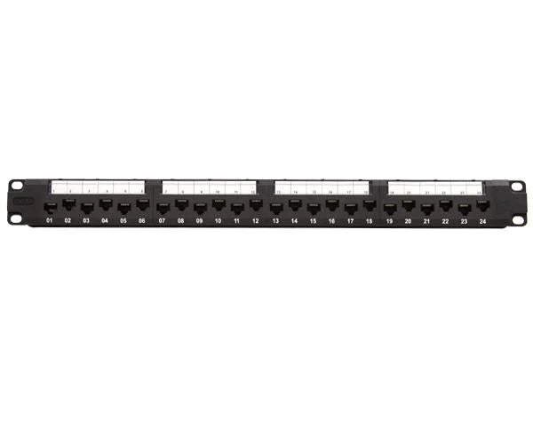 CAT6A NETWORK 10G 24-PORT PATCH PANEL, STAGGERED PORTS, 1U RACK MOUNT, WIRE MANAGEMENT SUPPORT BAR - Delco Cables
